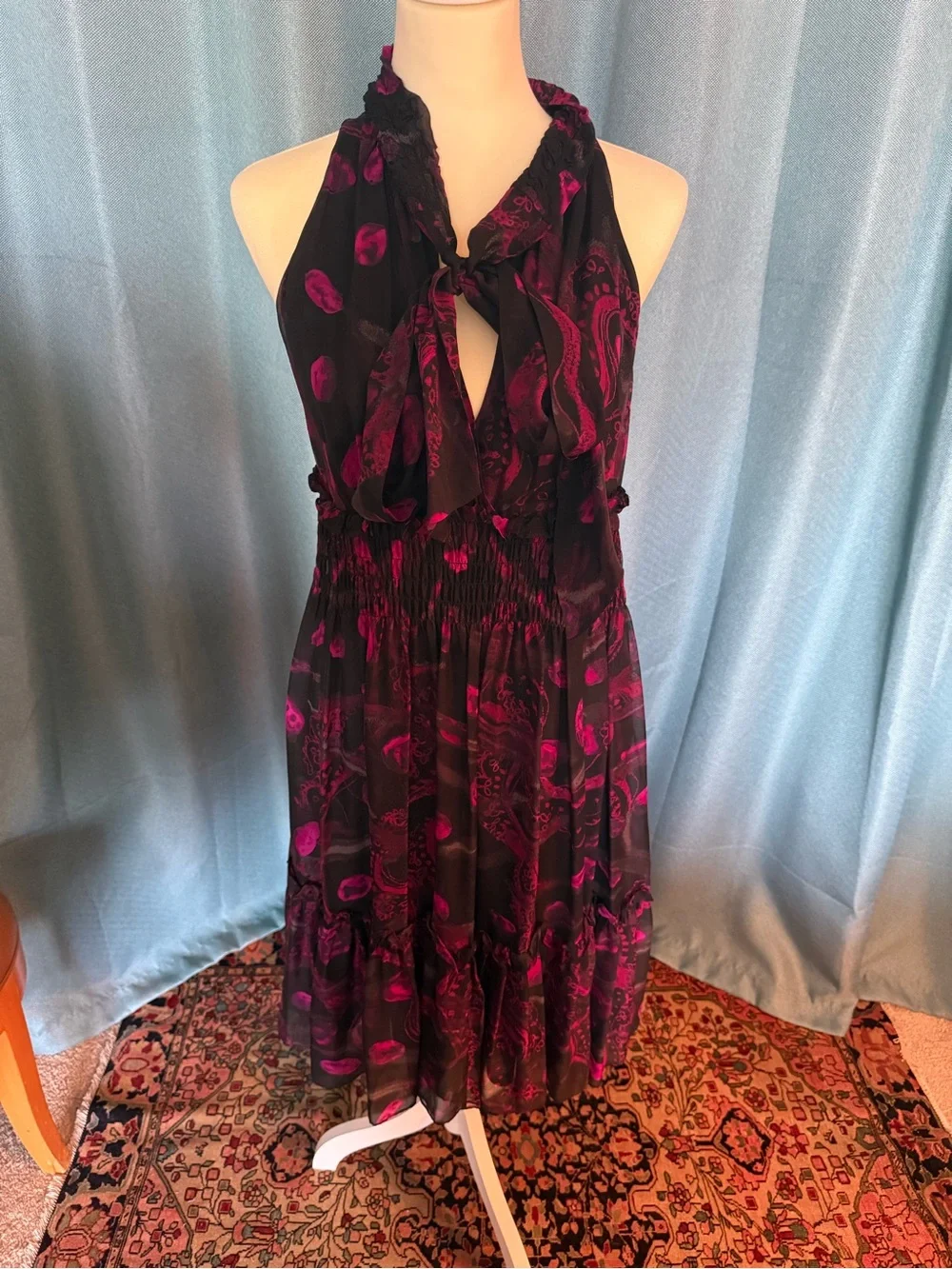 Diane von Furstenberg Silk Black and Magenta Midi Dress - Picture 1 of 6